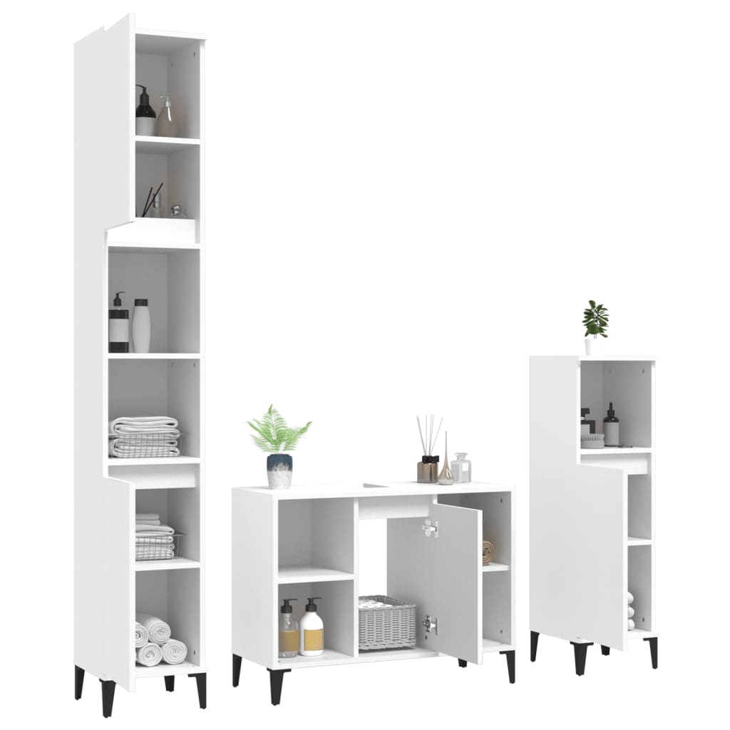 vidaXL Set mobilier de baie, 3 piese, alb, lemn compozit vidaXL Set mobilier de baie, 3 piese, alb, lemn compozit