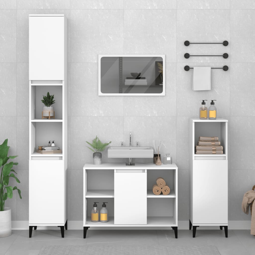 vidaXL Set mobilier de baie, 3 piese, alb, lemn compozit vidaXL Set mobilier de baie, 3 piese, alb, lemn compozit