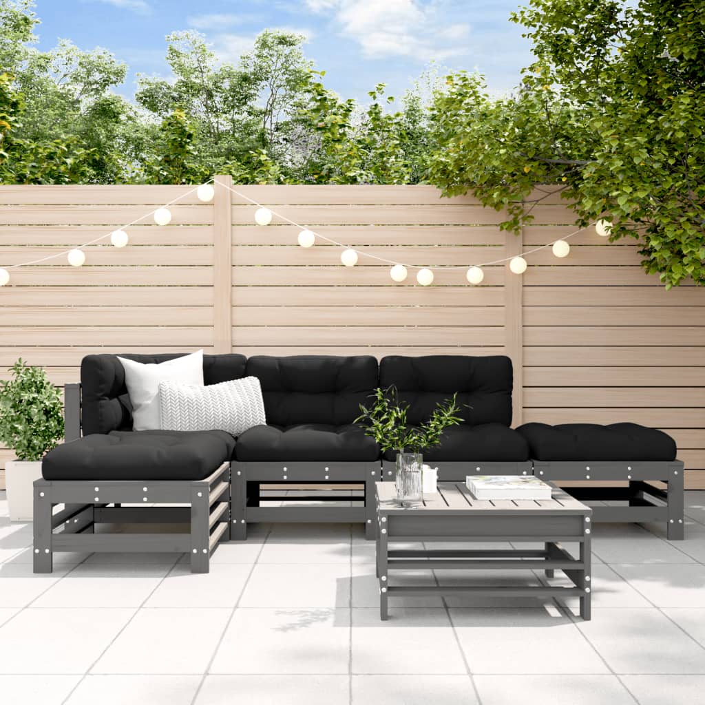 vidaXL Set mobilier relaxare grădină&perne 6 piese gri lemn masiv pin vidaXL Set mobilier relaxare grădină&perne 6 piese gri lemn masiv pin