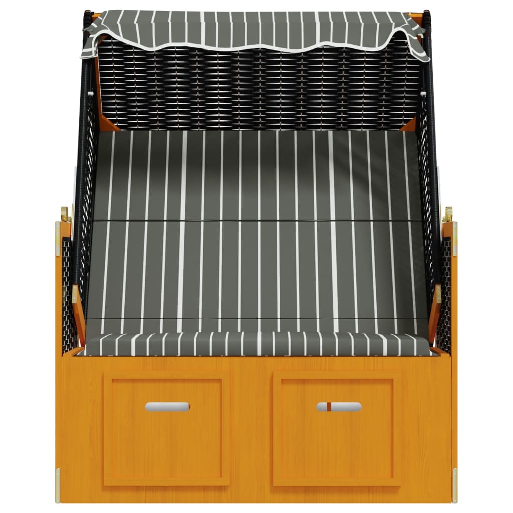 vidaXL Scaun de plajă cu baldachin, negru/gri, poliratan și lemn masiv