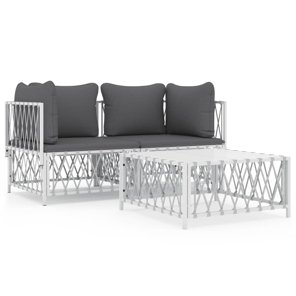 vidaXL Set mobilier de grădină, 3 piese, cu perne, alb, oțel