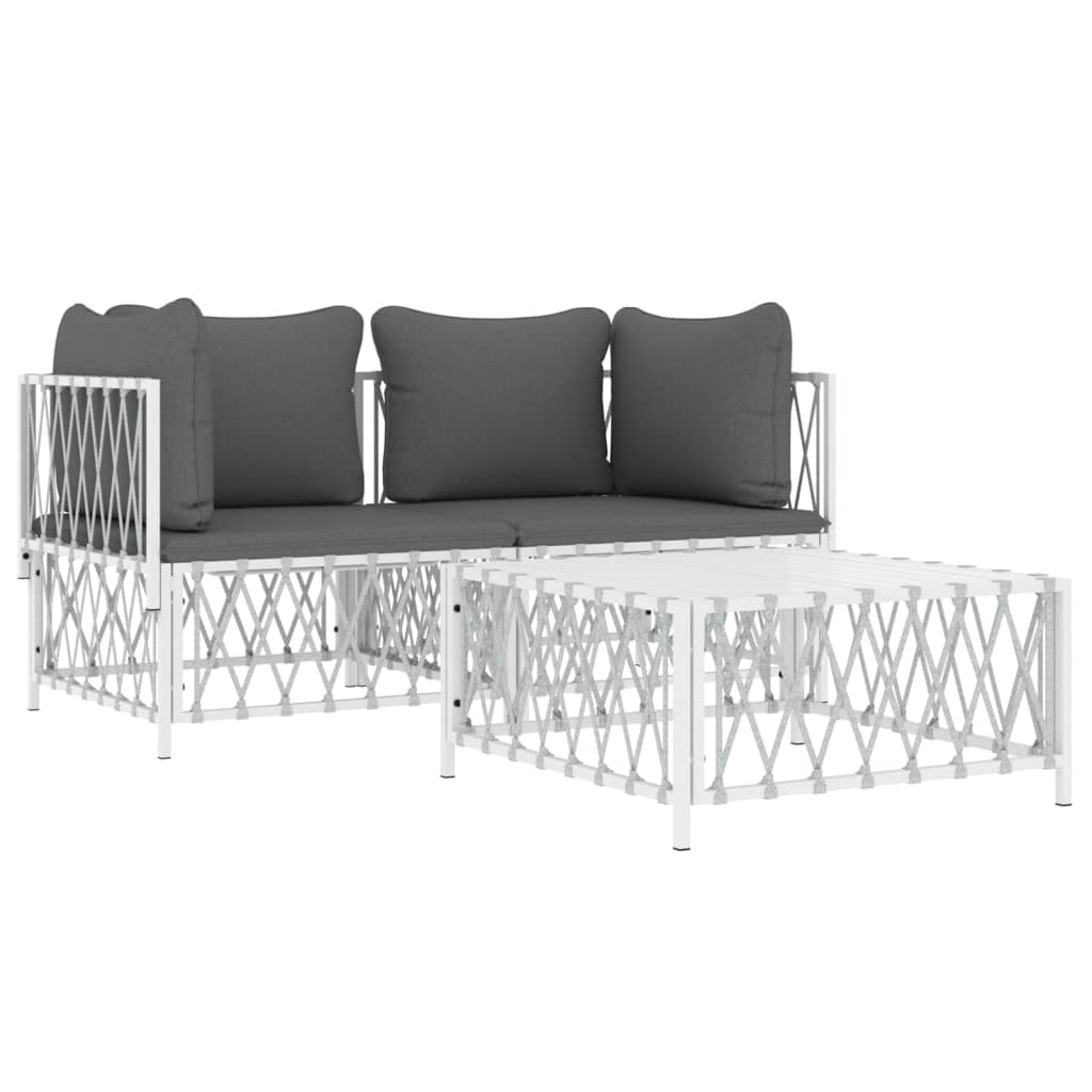 vidaXL Set mobilier de grădină, 3 piese, cu perne, alb, oțel