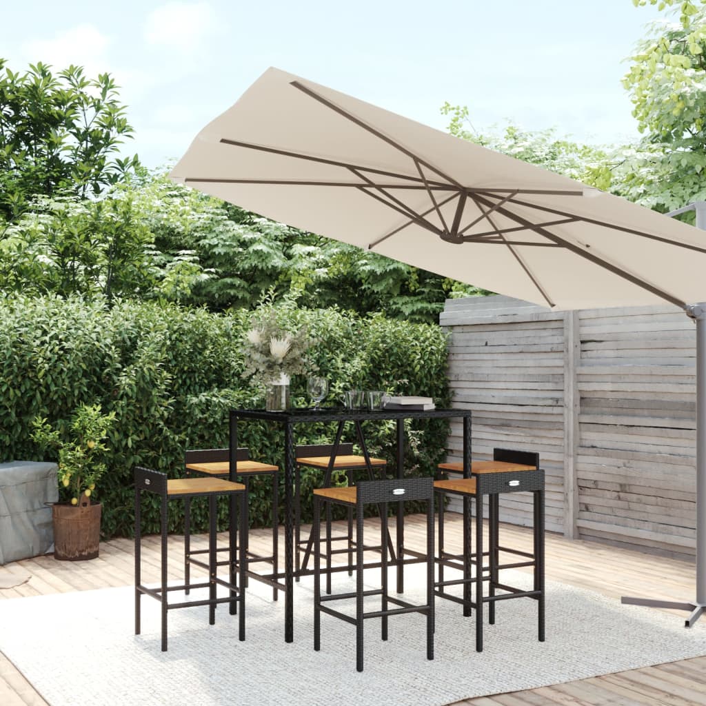 vidaXL Set bar pentru grădină, 7 piese, negru, poliratan/lemn acacia vidaXL Set bar pentru grădină, 7 piese, negru, poliratan/lemn acacia