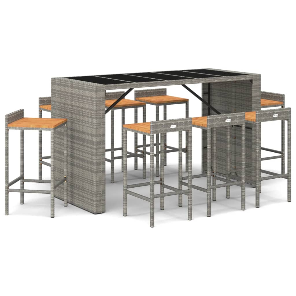 vidaXL Set bar pentru grădină, 9 piese, gri, poliratan/lemn acacia vidaXL Set bar pentru grădină, 9 piese, gri, poliratan/lemn acacia