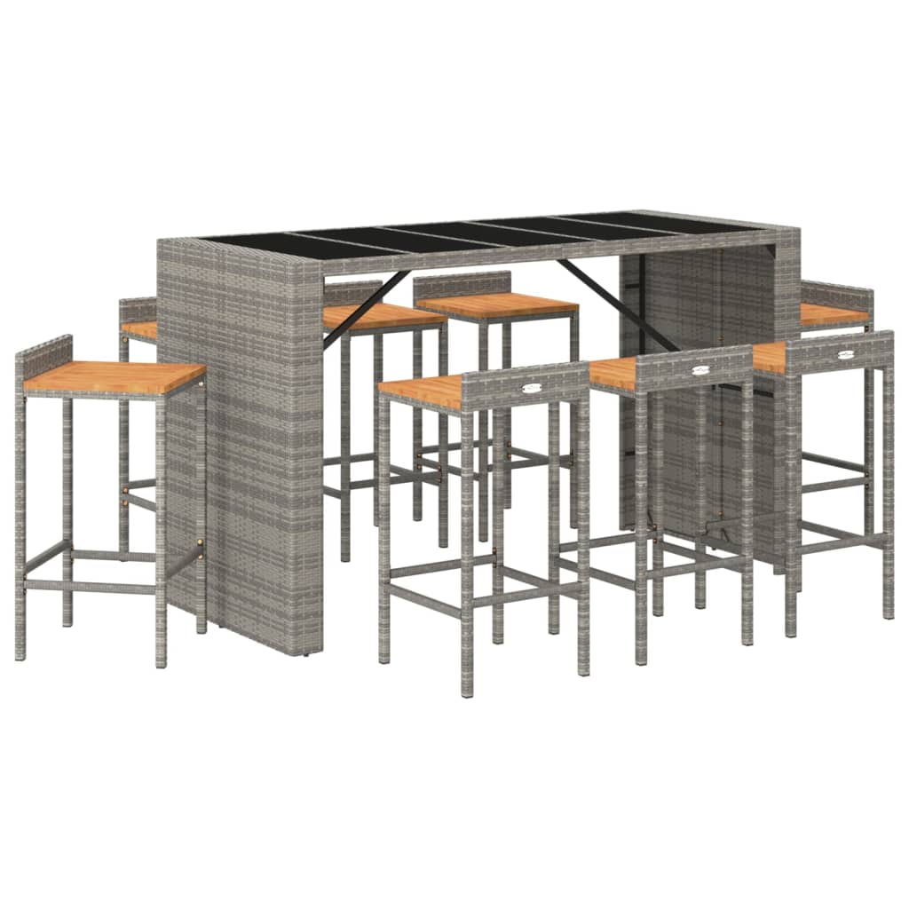 vidaXL Set bar pentru grădină, 9 piese, gri, poliratan/lemn acacia vidaXL Set bar pentru grădină, 9 piese, gri, poliratan/lemn acacia