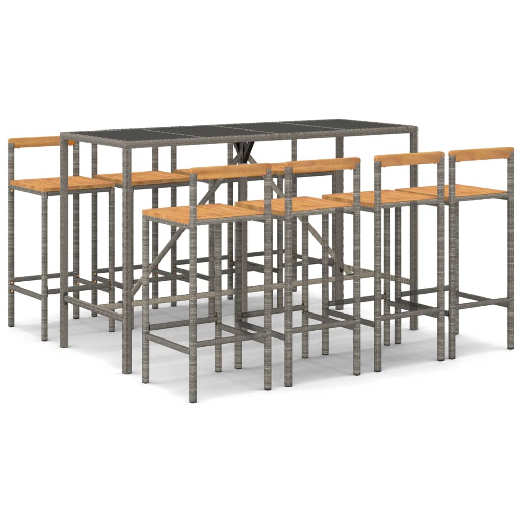 vidaXL Set bar pentru grădină, 9 piese, gri, poliratan/lemn acacia vidaXL Set bar pentru grădină, 9 piese, gri, poliratan/lemn acacia