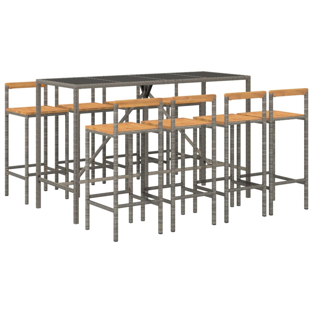 vidaXL Set bar pentru grădină, 9 piese, gri, poliratan/lemn acacia vidaXL Set bar pentru grădină, 9 piese, gri, poliratan/lemn acacia