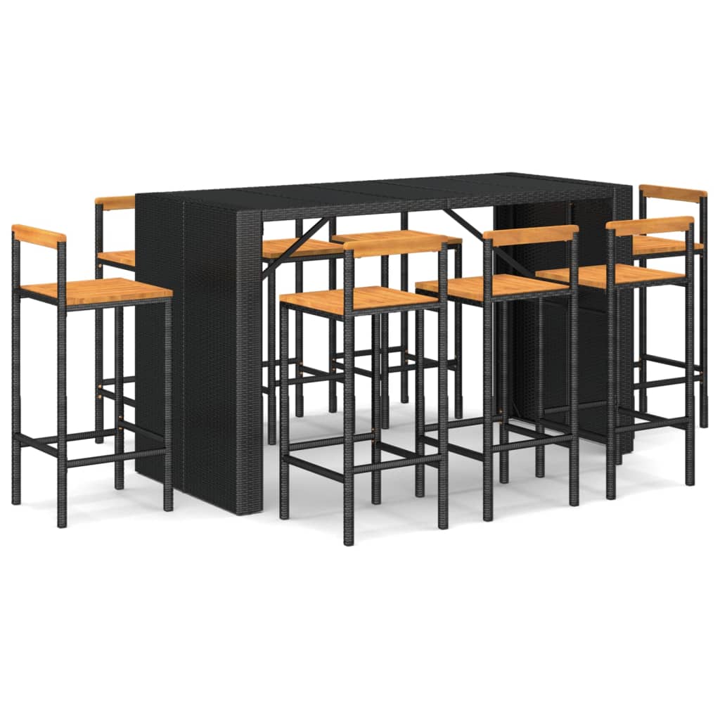 vidaXL Set bar pentru grădină, 9 piese, negru, poliratan/lemn acacia vidaXL Set bar pentru grădină, 9 piese, negru, poliratan/lemn acacia