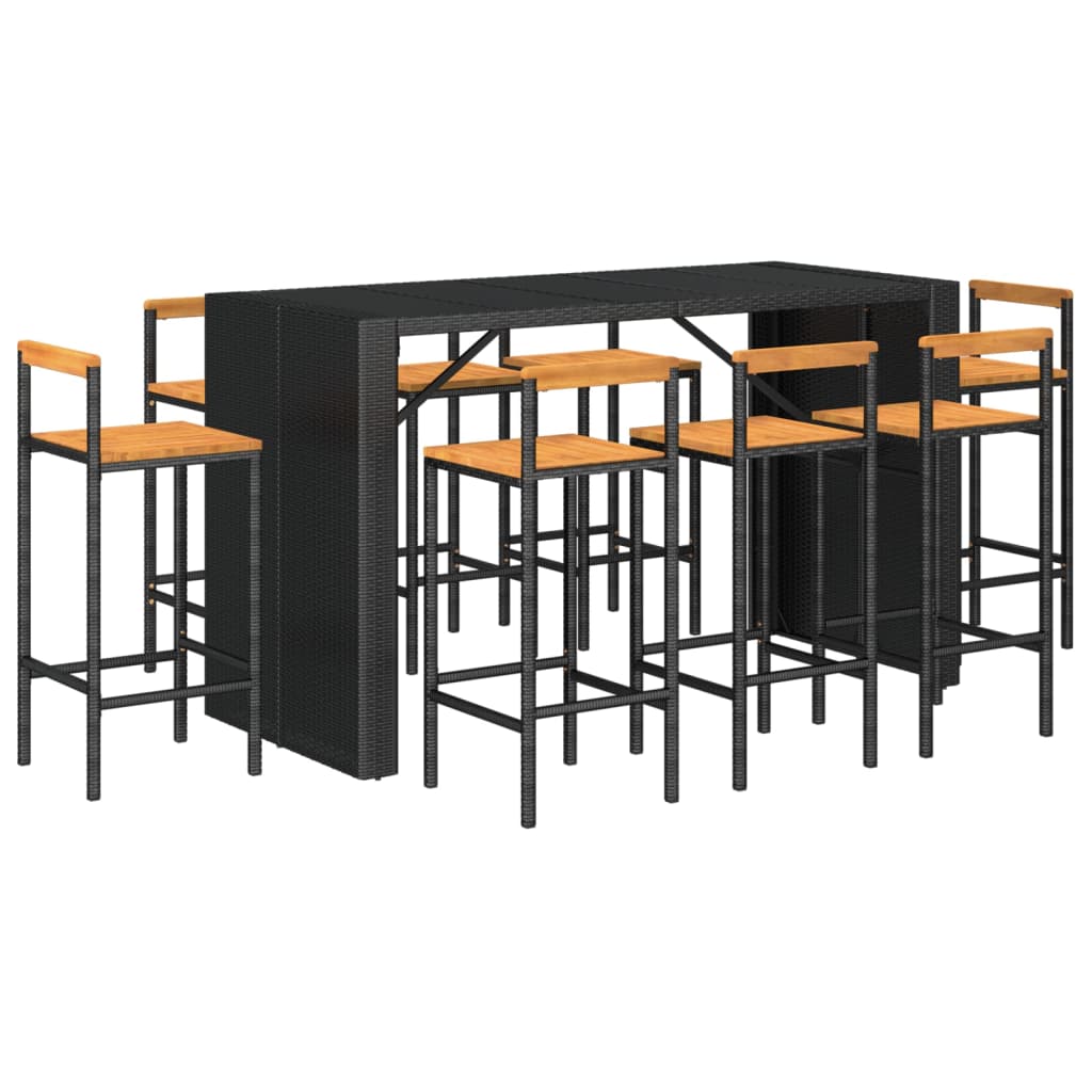 vidaXL Set bar pentru grădină, 9 piese, negru, poliratan/lemn acacia vidaXL Set bar pentru grădină, 9 piese, negru, poliratan/lemn acacia