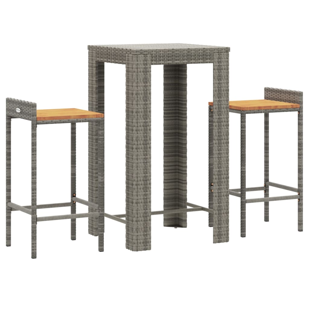 vidaXL Set bar pentru grădină, 3 piese, gri, poliratan/lemn acacia
