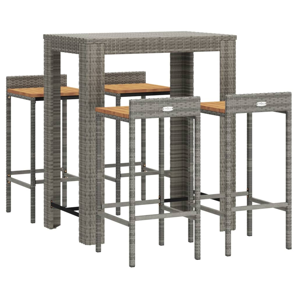 vidaXL Set bar pentru grădină, 5 piese, gri, poliratan/lemn acacia