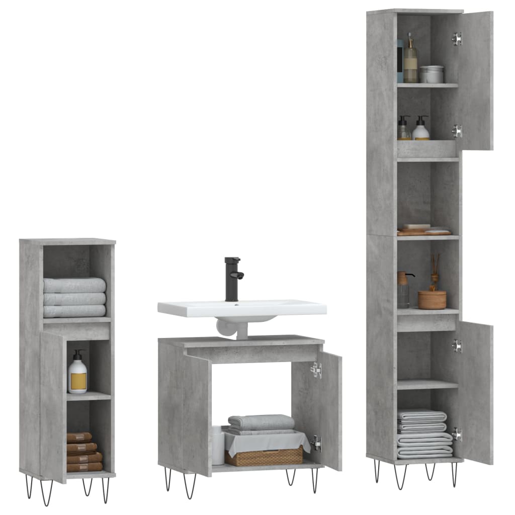 vidaXL Set dulapuri de baie, 3 piese, gri beton, lemn prelucrat vidaXL Set dulapuri de baie, 3 piese, gri beton, lemn prelucrat