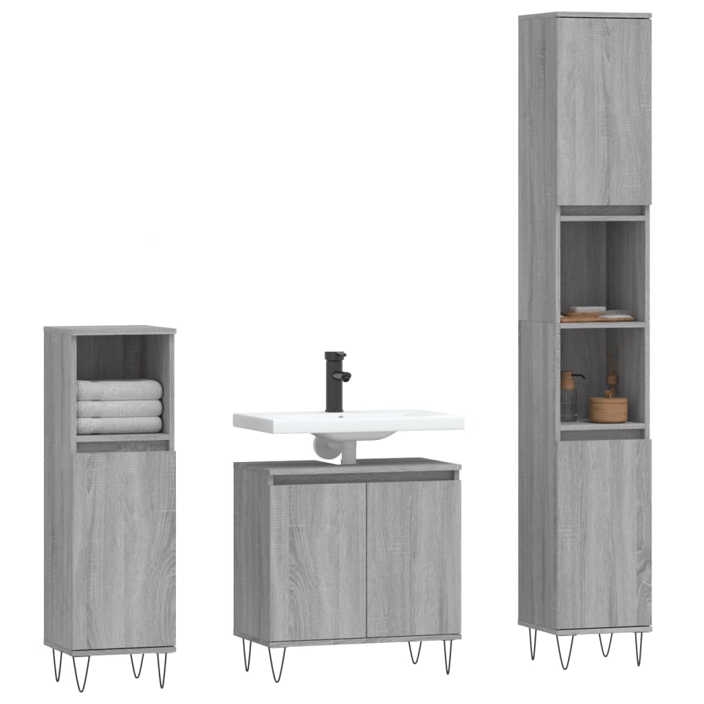 vidaXL Set dulapuri de baie, 3 piese, gri sonoma, lemn prelucrat vidaXL Set dulapuri de baie, 3 piese, gri sonoma, lemn prelucrat
