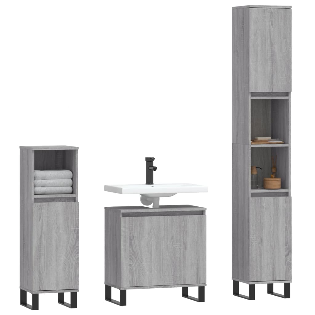 vidaXL Set dulapuri de baie, 3 piese, gri sonoma, lemn prelucrat vidaXL Set dulapuri de baie, 3 piese, gri sonoma, lemn prelucrat