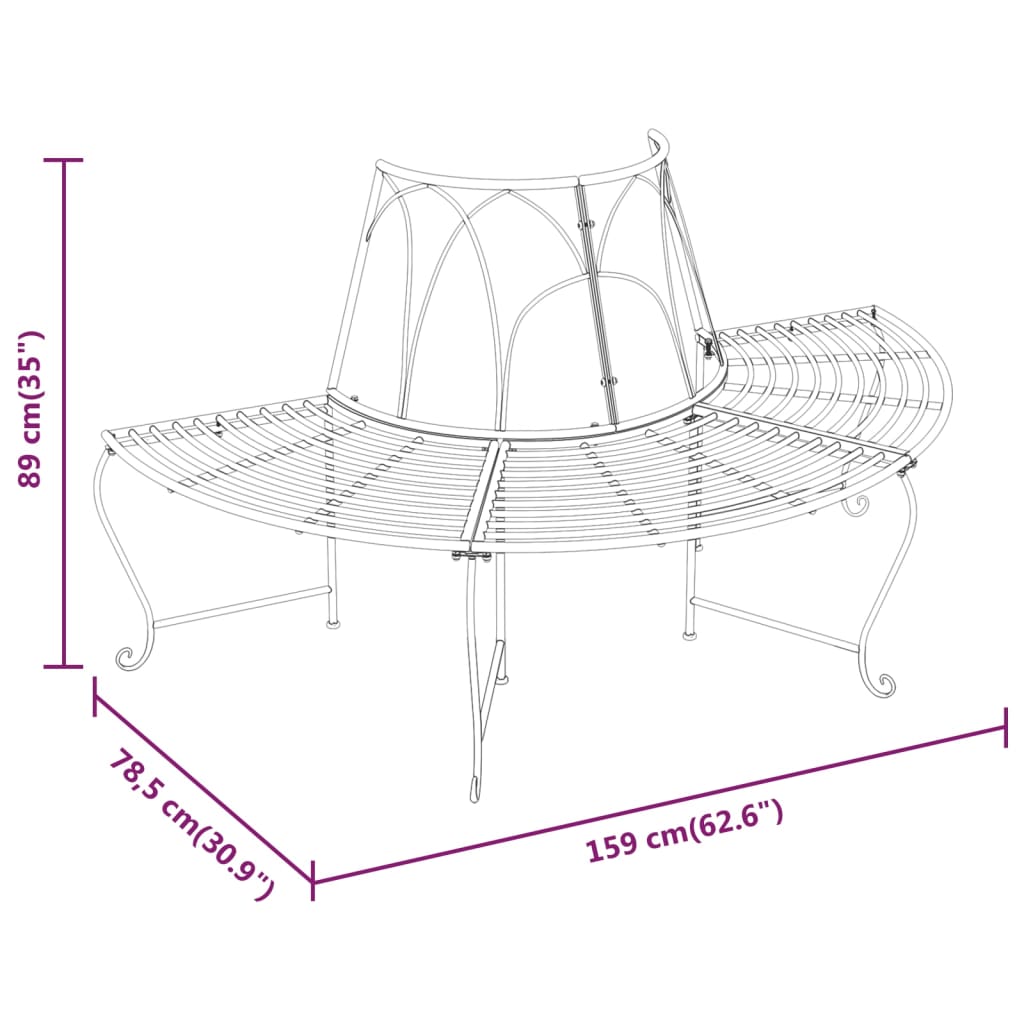 vidaXL Bancă semicirculară de copac, negru, Ø159 cm, oțel