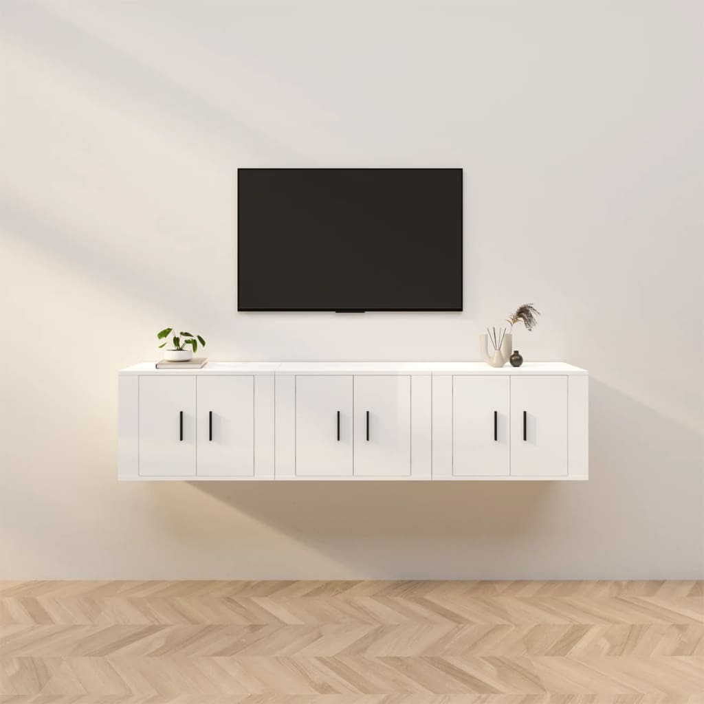 vidaXL Dulapuri TV montate perete 3 buc. alb extralucios 57x34,5x40 cm vidaXL Dulapuri TV montate perete 3 buc. alb extralucios 57x34,5x40 cm