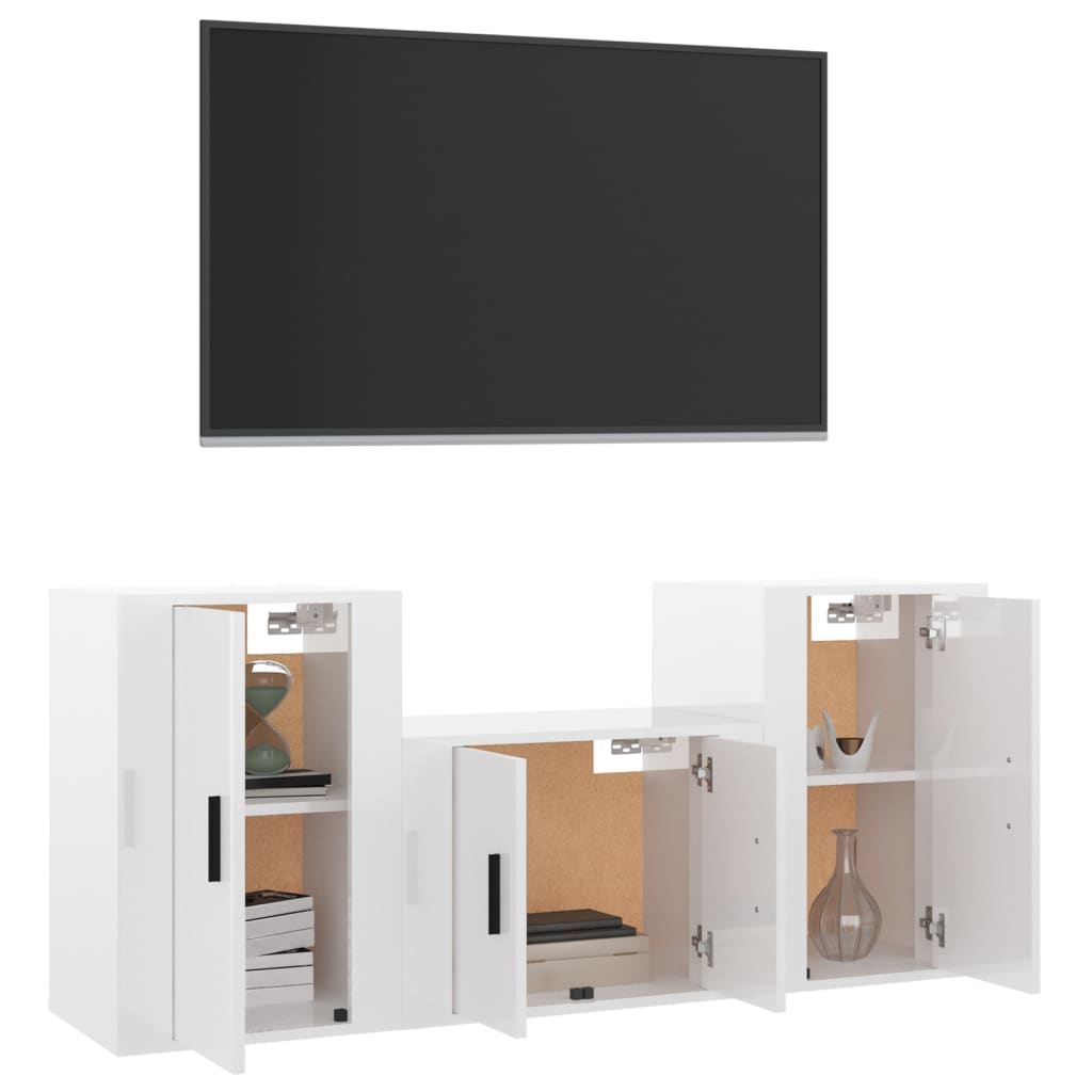 vidaXL Set comodă TV, 3 piese, alb extralucios, lemn prelucrat vidaXL Set comodă TV, 3 piese, alb extralucios, lemn prelucrat