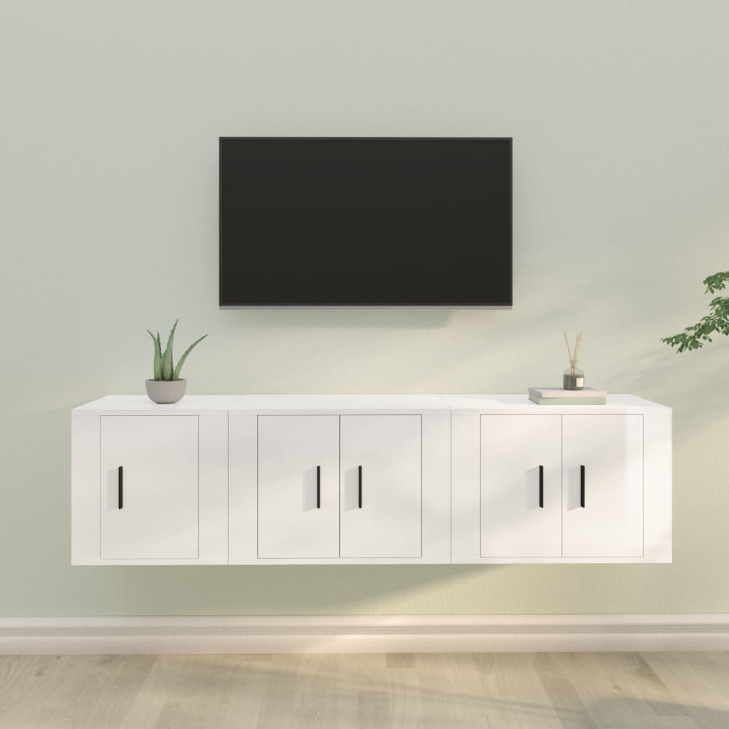 vidaXL Set comodă TV, 3 piese, alb extralucios, lemn prelucrat vidaXL Set comodă TV, 3 piese, alb extralucios, lemn prelucrat