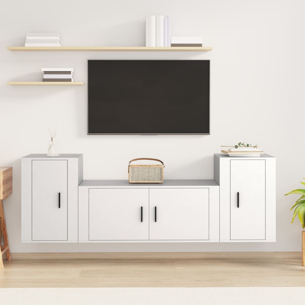 vidaXL Set comodă TV, 3 piese, alb, lemn prelucrat vidaXL Set comodă TV, 3 piese, alb, lemn prelucrat