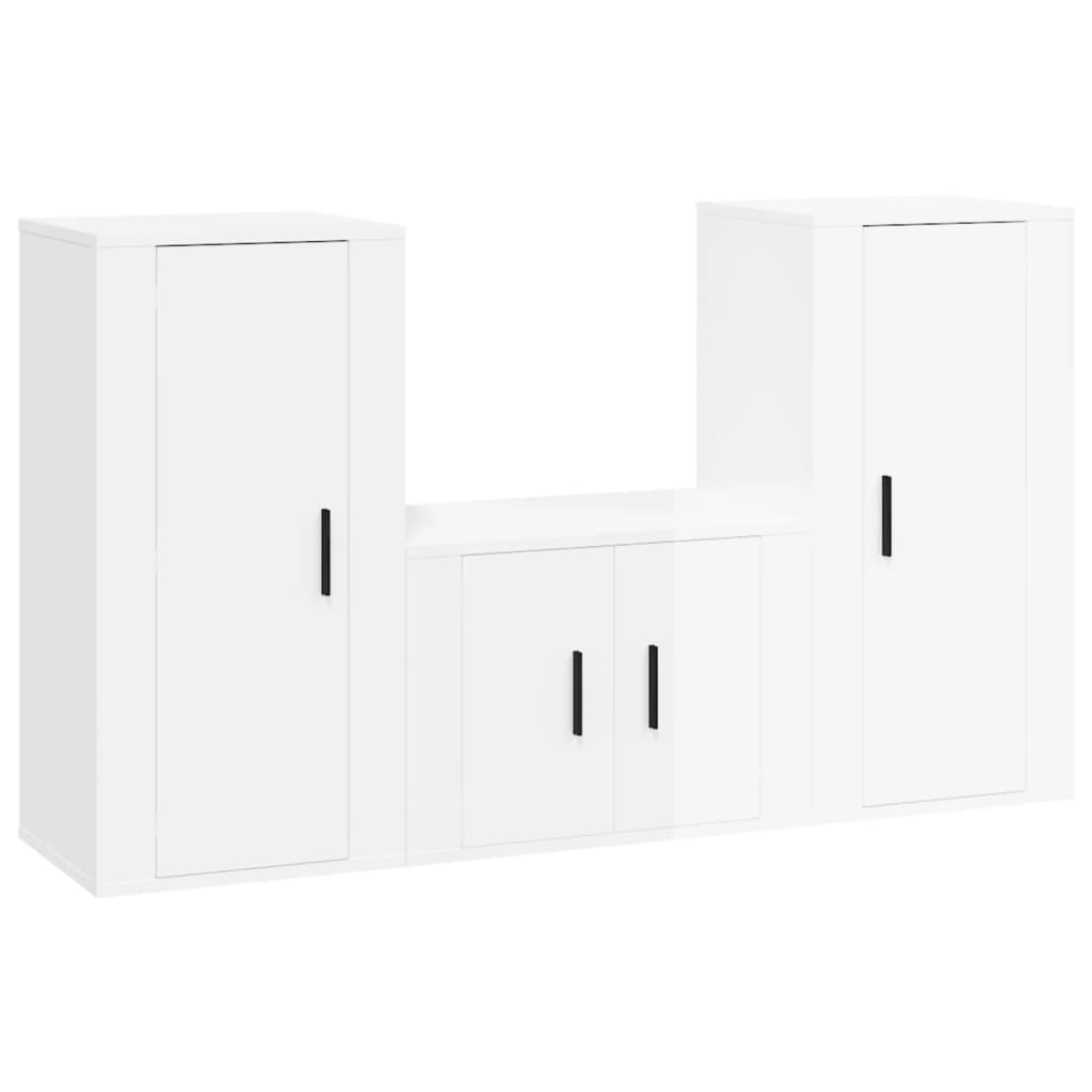 vidaXL Set comodă TV, 3 piese, alb extralucios, lemn prelucrat vidaXL Set comodă TV, 3 piese, alb extralucios, lemn prelucrat