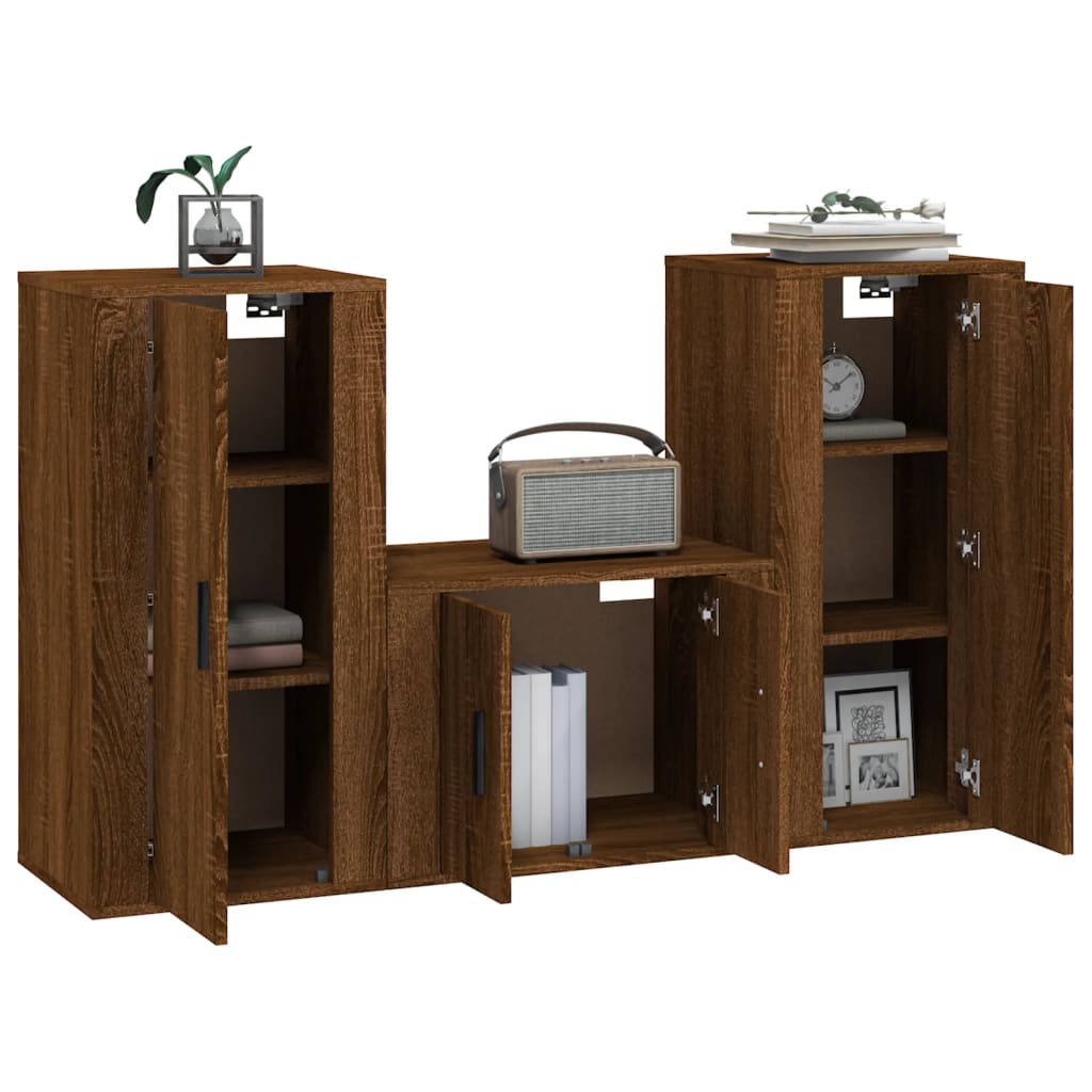vidaXL Set dulap TV, 3 piese, stejar maro, lemn prelucrat vidaXL Set dulap TV, 3 piese, stejar maro, lemn prelucrat