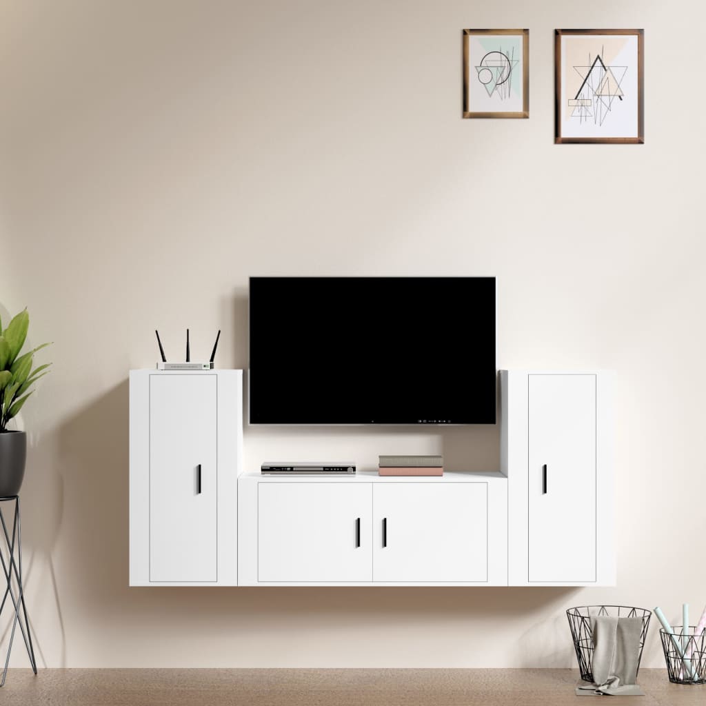 vidaXL Set comodă TV, 3 piese, alb, lemn prelucrat vidaXL Set comodă TV, 3 piese, alb, lemn prelucrat