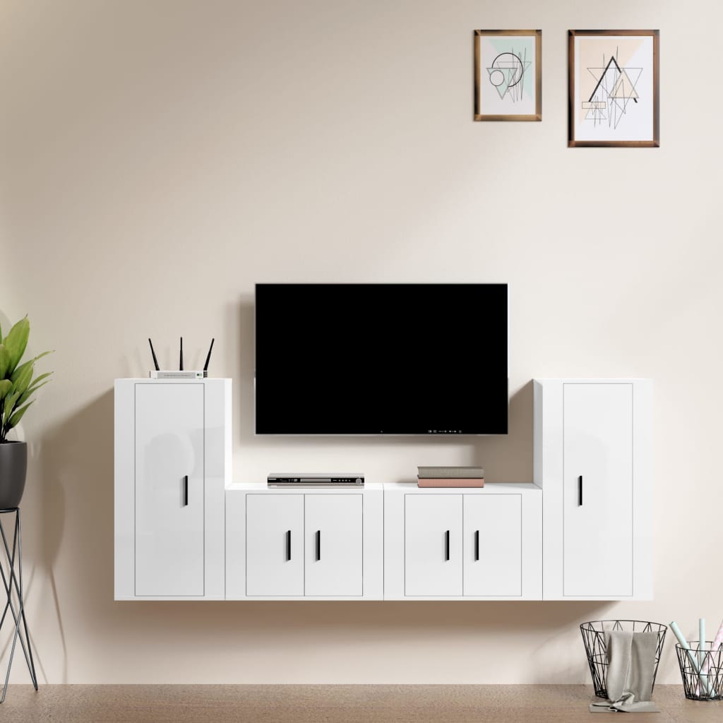 vidaXL Set dulap TV, 4 piese, alb extralucios, lemn prelucrat vidaXL Set dulap TV, 4 piese, alb extralucios, lemn prelucrat