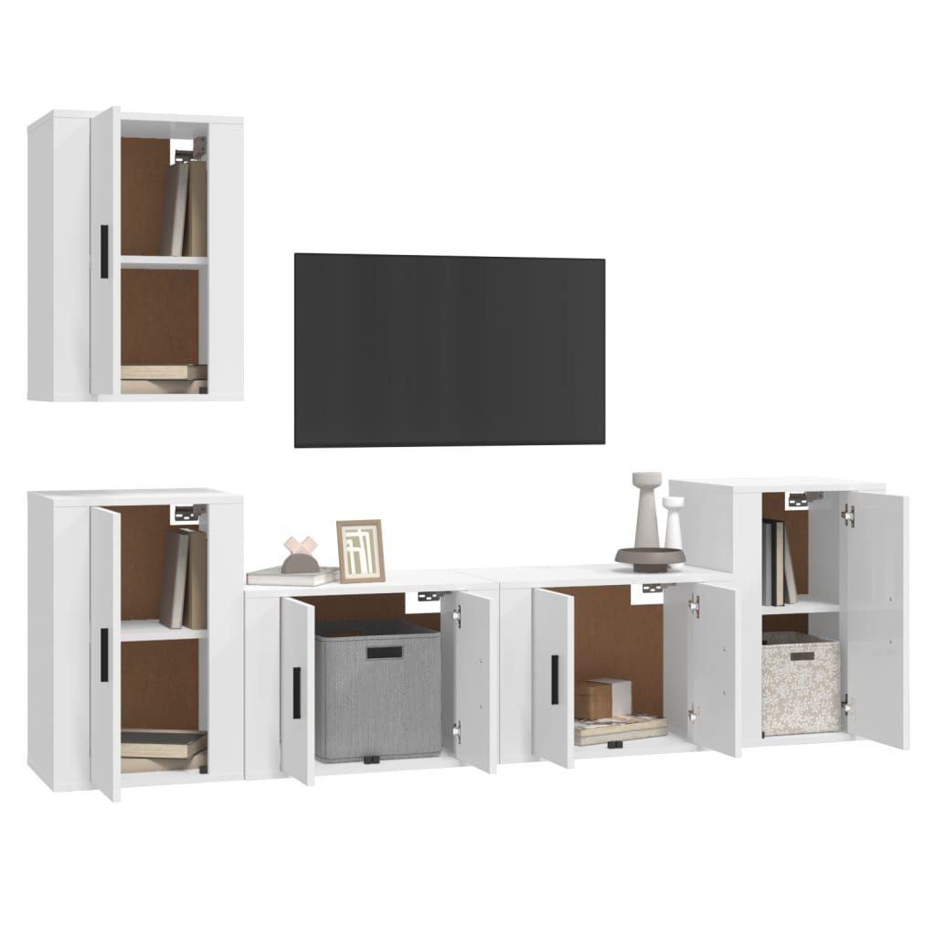vidaXL Set dulap TV, 5 piese, alb extralucios, lemn prelucrat vidaXL Set dulap TV, 5 piese, alb extralucios, lemn prelucrat