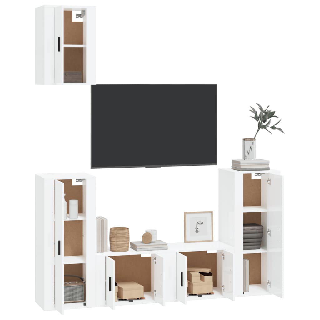 vidaXL Set dulap TV, 5 piese, alb extralucios, lemn prelucrat vidaXL Set dulap TV, 5 piese, alb extralucios, lemn prelucrat