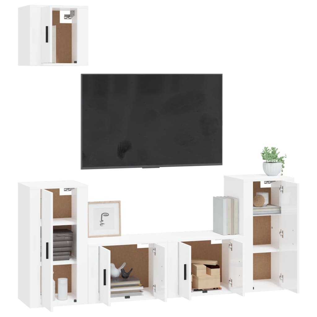 vidaXL Set dulap TV, 5 piese, alb extralucios, lemn prelucrat vidaXL Set dulap TV, 5 piese, alb extralucios, lemn prelucrat