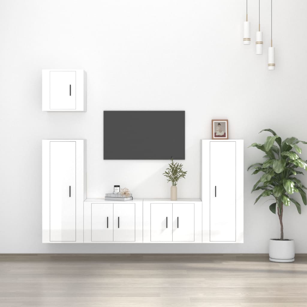 vidaXL Set dulap TV, 5 piese, alb extralucios, lemn prelucrat vidaXL Set dulap TV, 5 piese, alb extralucios, lemn prelucrat