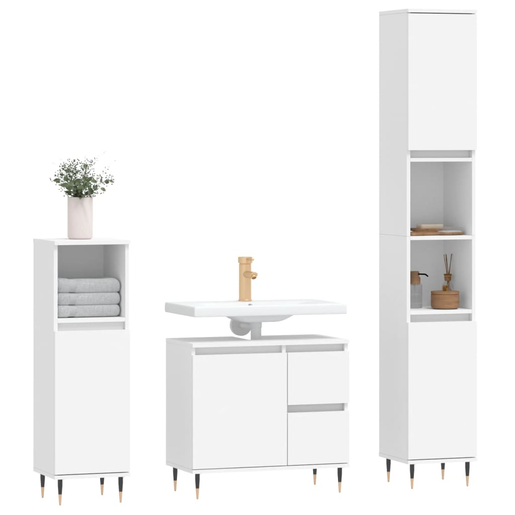 vidaXL Set mobilier de baie, 3 piese, alb, lemn compozit vidaXL Set mobilier de baie, 3 piese, alb, lemn compozit