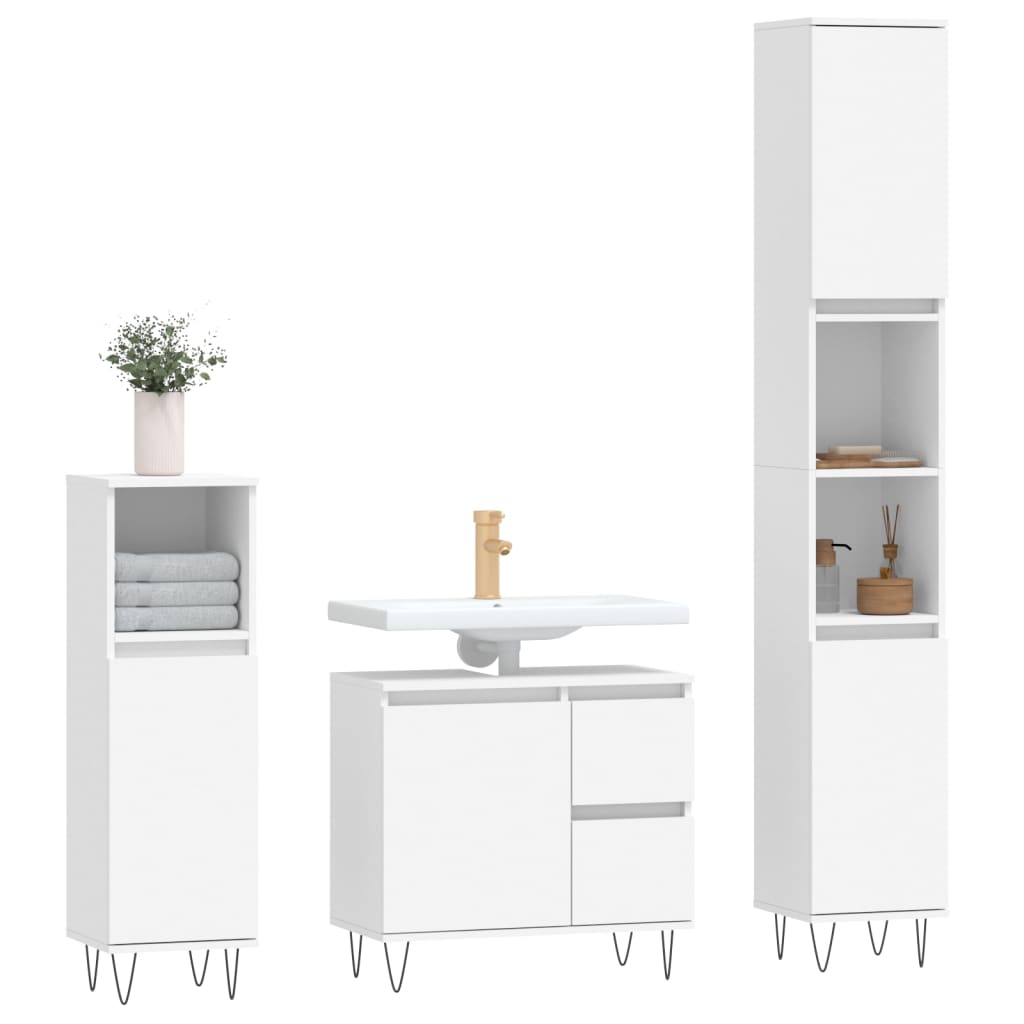 vidaXL Set mobilier de baie, 3 piese, alb, lemn compozit vidaXL Set mobilier de baie, 3 piese, alb, lemn compozit
