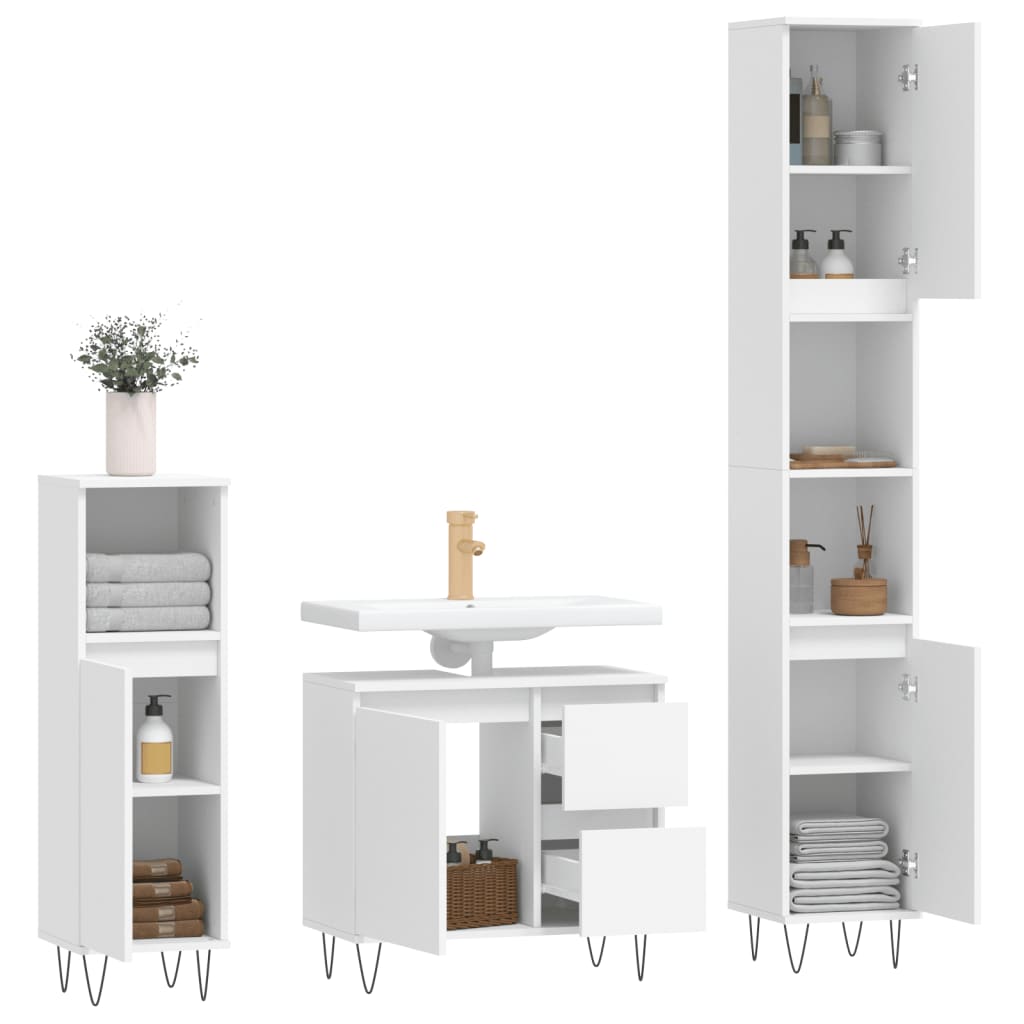 vidaXL Set mobilier de baie, 3 piese, alb, lemn compozit vidaXL Set mobilier de baie, 3 piese, alb, lemn compozit