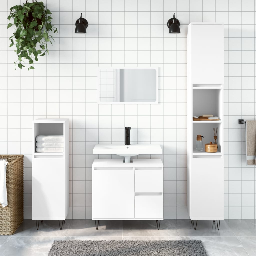 vidaXL Set mobilier de baie, 3 piese, alb, lemn compozit vidaXL Set mobilier de baie, 3 piese, alb, lemn compozit