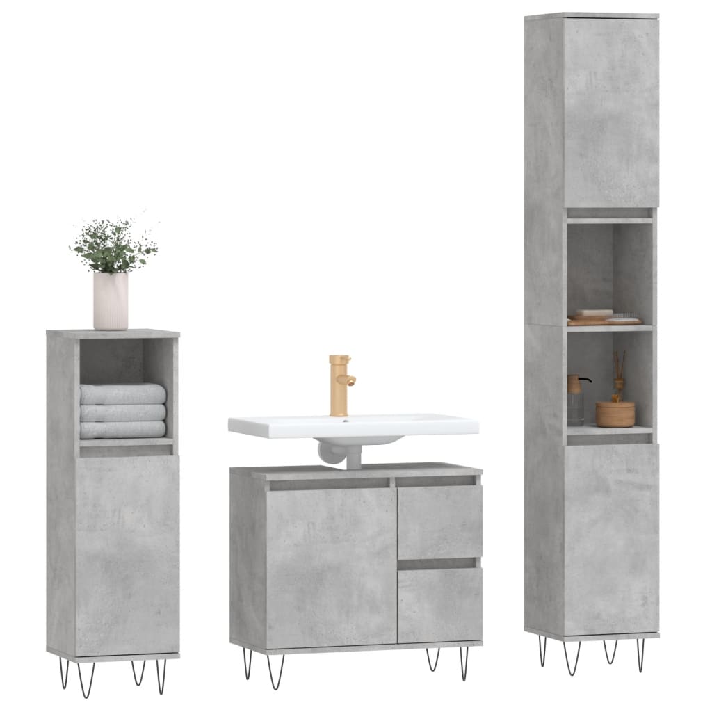 vidaXL Set mobilier de baie, 3 piese, gri beton, lemn compozit vidaXL Set mobilier de baie, 3 piese, gri beton, lemn compozit