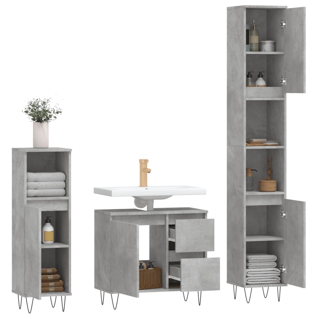 vidaXL Set mobilier de baie, 3 piese, gri beton, lemn compozit vidaXL Set mobilier de baie, 3 piese, gri beton, lemn compozit