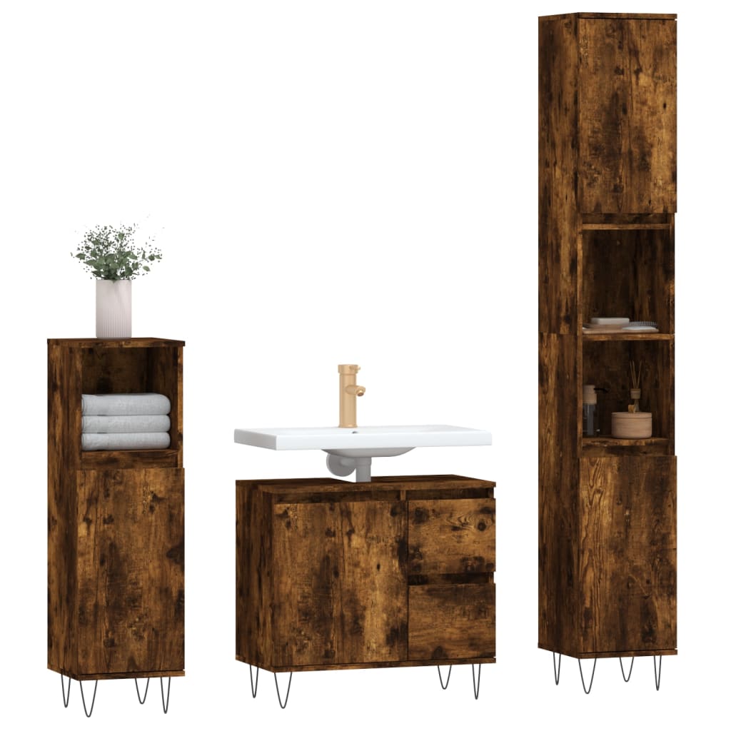 vidaXL Set mobilier de baie, 3 piese, stejar fumuriu, lemn prelucrat vidaXL Set mobilier de baie, 3 piese, stejar fumuriu, lemn prelucrat