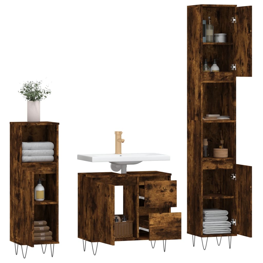 vidaXL Set mobilier de baie, 3 piese, stejar fumuriu, lemn prelucrat vidaXL Set mobilier de baie, 3 piese, stejar fumuriu, lemn prelucrat