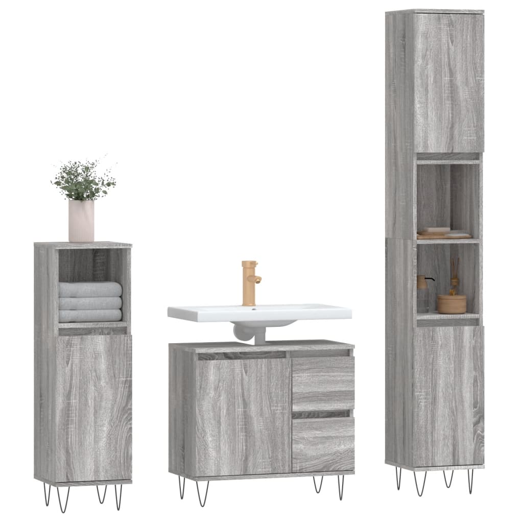 vidaXL Set mobilier de baie, 3 piese, gri sonoma, lemn prelucrat vidaXL Set mobilier de baie, 3 piese, gri sonoma, lemn prelucrat