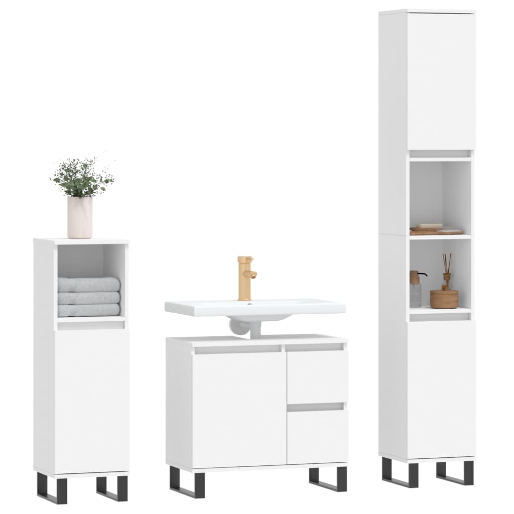 vidaXL Set mobilier de baie, 3 piese, alb, lemn compozit vidaXL Set mobilier de baie, 3 piese, alb, lemn compozit