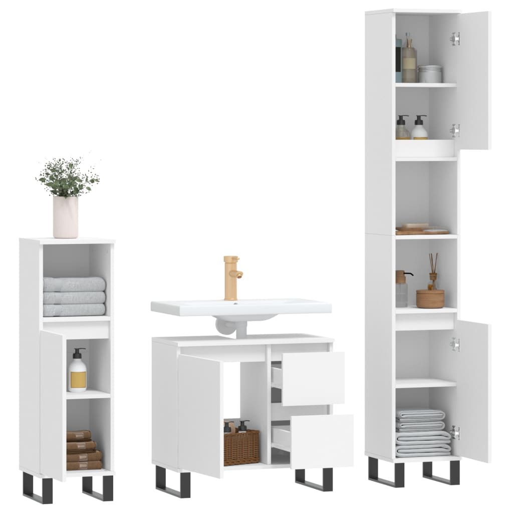 vidaXL Set mobilier de baie, 3 piese, alb, lemn compozit vidaXL Set mobilier de baie, 3 piese, alb, lemn compozit