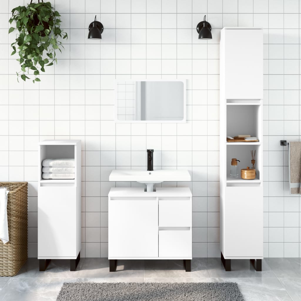 vidaXL Set mobilier de baie, 3 piese, alb, lemn compozit vidaXL Set mobilier de baie, 3 piese, alb, lemn compozit
