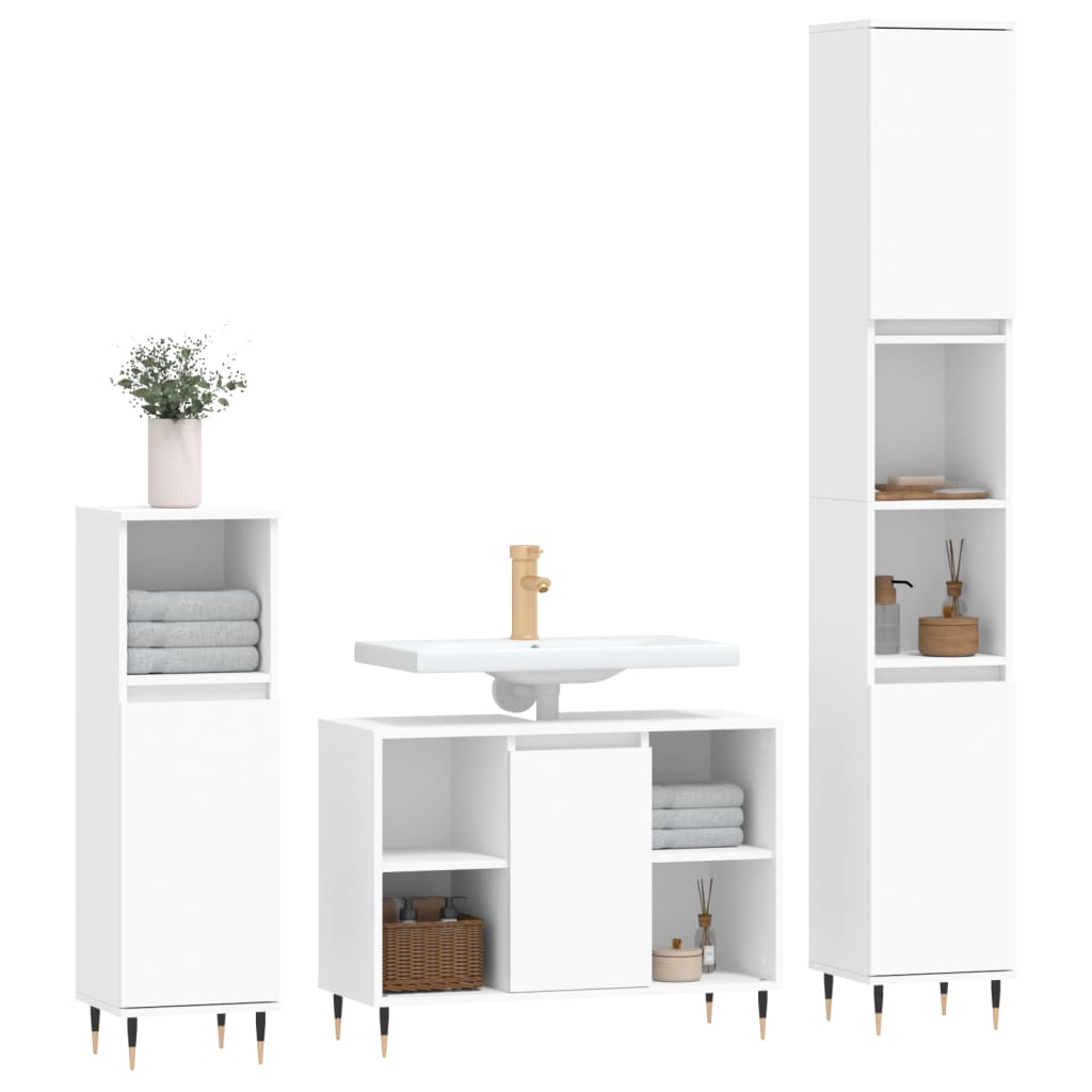 vidaXL Set mobilier de baie, 3 piese, alb, lemn compozit vidaXL Set mobilier de baie, 3 piese, alb, lemn compozit