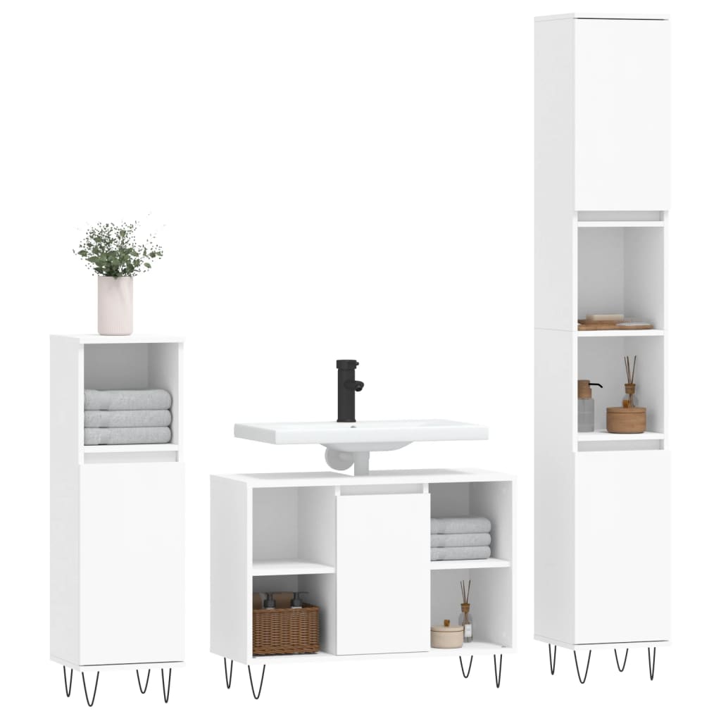 vidaXL Set mobilier de baie, 3 piese, alb, lemn compozit vidaXL Set mobilier de baie, 3 piese, alb, lemn compozit