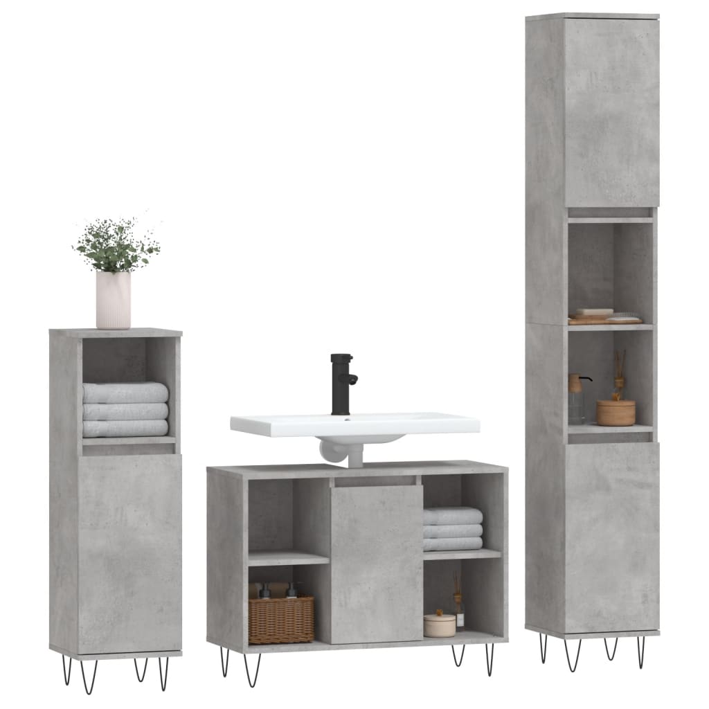 vidaXL Set mobilier de baie, 3 piese, gri beton, lemn compozit vidaXL Set mobilier de baie, 3 piese, gri beton, lemn compozit