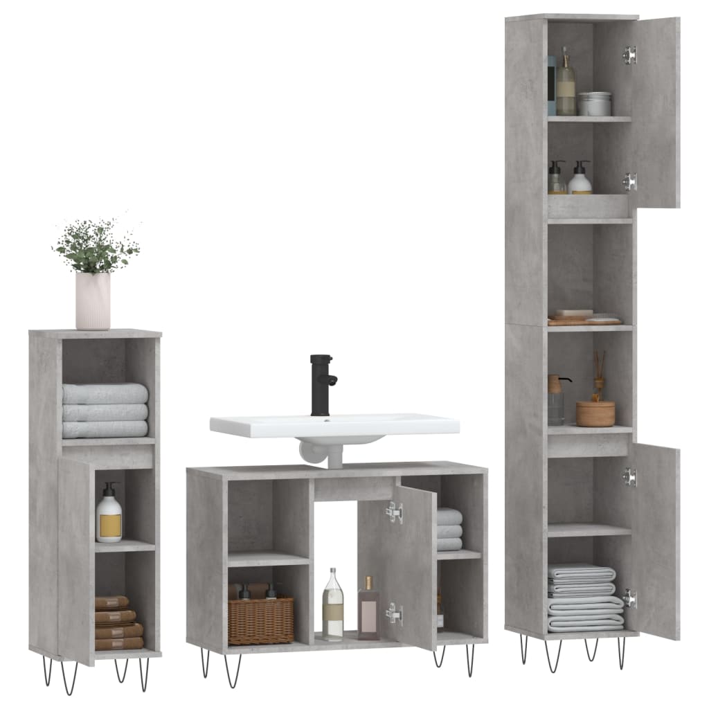 vidaXL Set mobilier de baie, 3 piese, gri beton, lemn compozit vidaXL Set mobilier de baie, 3 piese, gri beton, lemn compozit