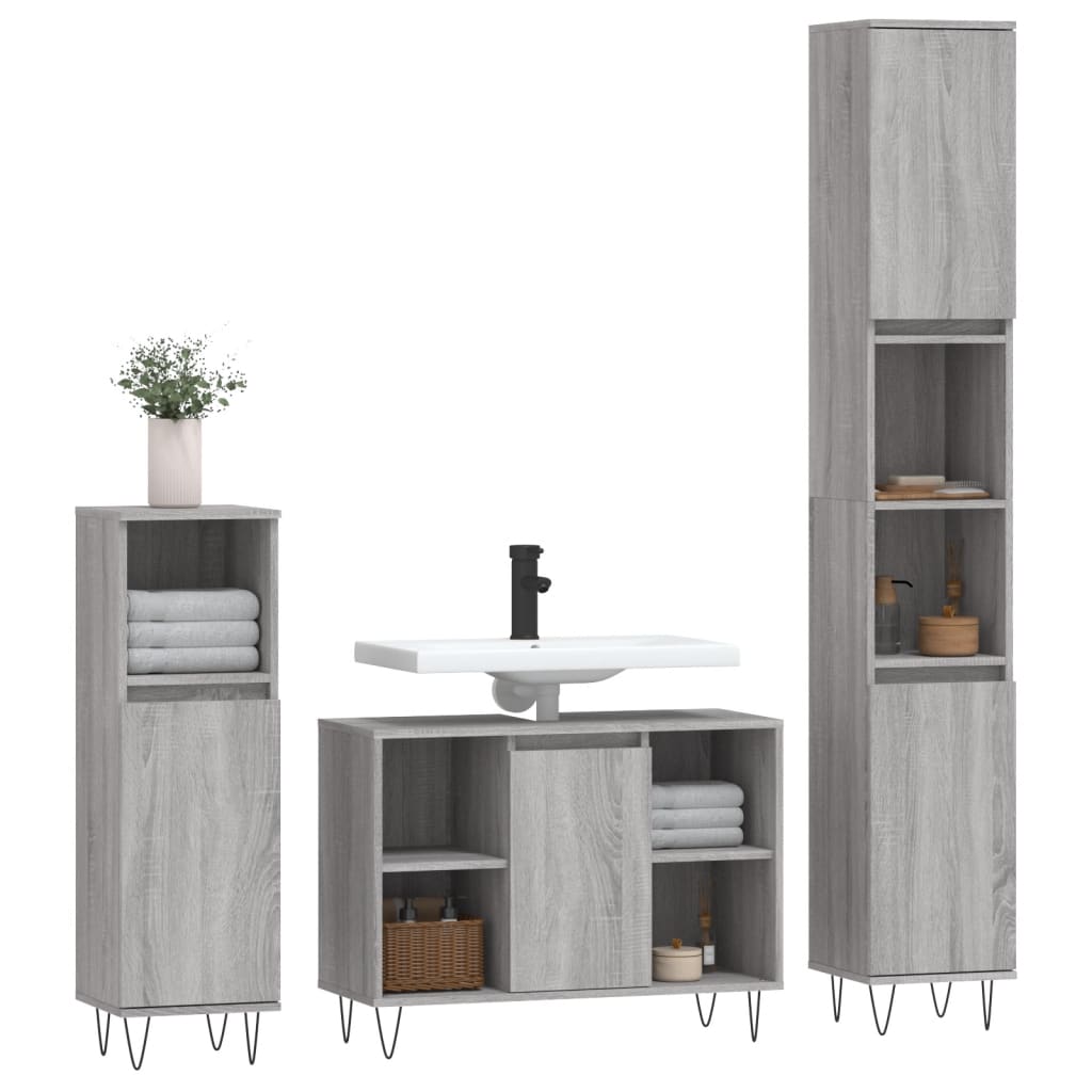 vidaXL Set mobilier de baie, 3 piese, gri sonoma, lemn prelucrat vidaXL Set mobilier de baie, 3 piese, gri sonoma, lemn prelucrat