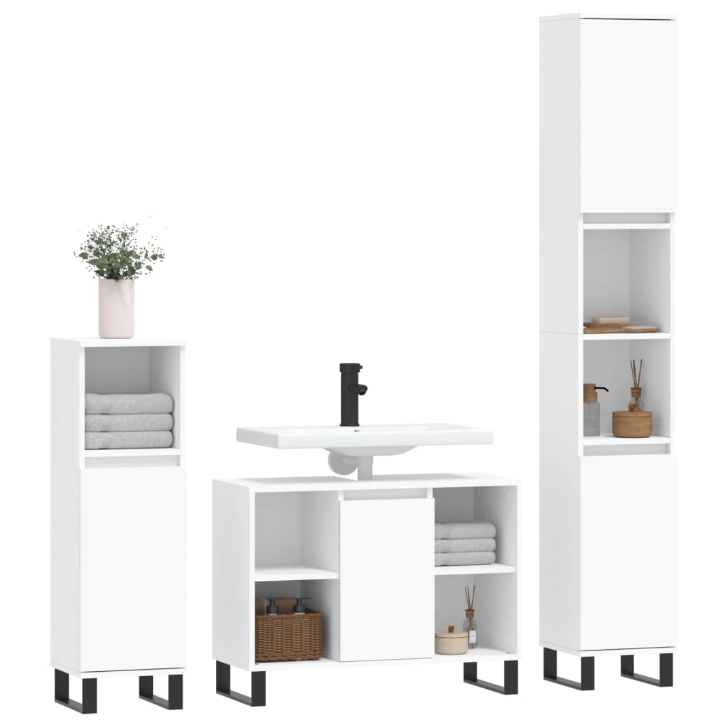 vidaXL Set mobilier de baie, 3 piese, alb, lemn compozit vidaXL Set mobilier de baie, 3 piese, alb, lemn compozit