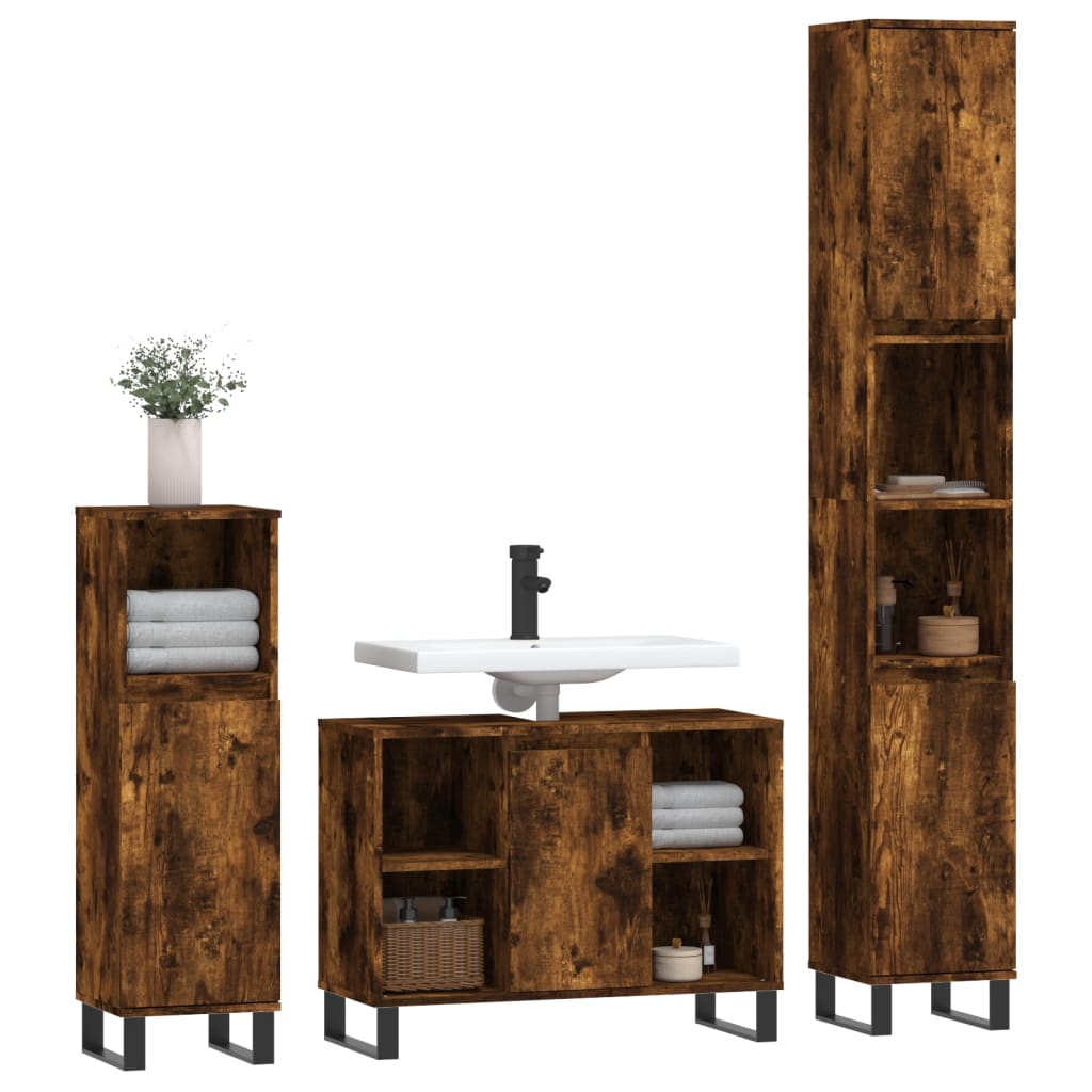 vidaXL Set mobilier de baie, 3 piese, stejar fumuriu, lemn prelucrat vidaXL Set mobilier de baie, 3 piese, stejar fumuriu, lemn prelucrat